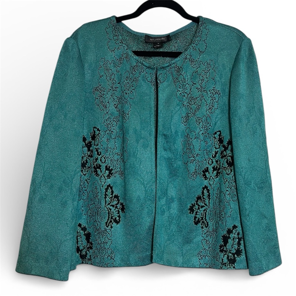 St. John Knit Teal Green hook Front Cardigan- Size 14